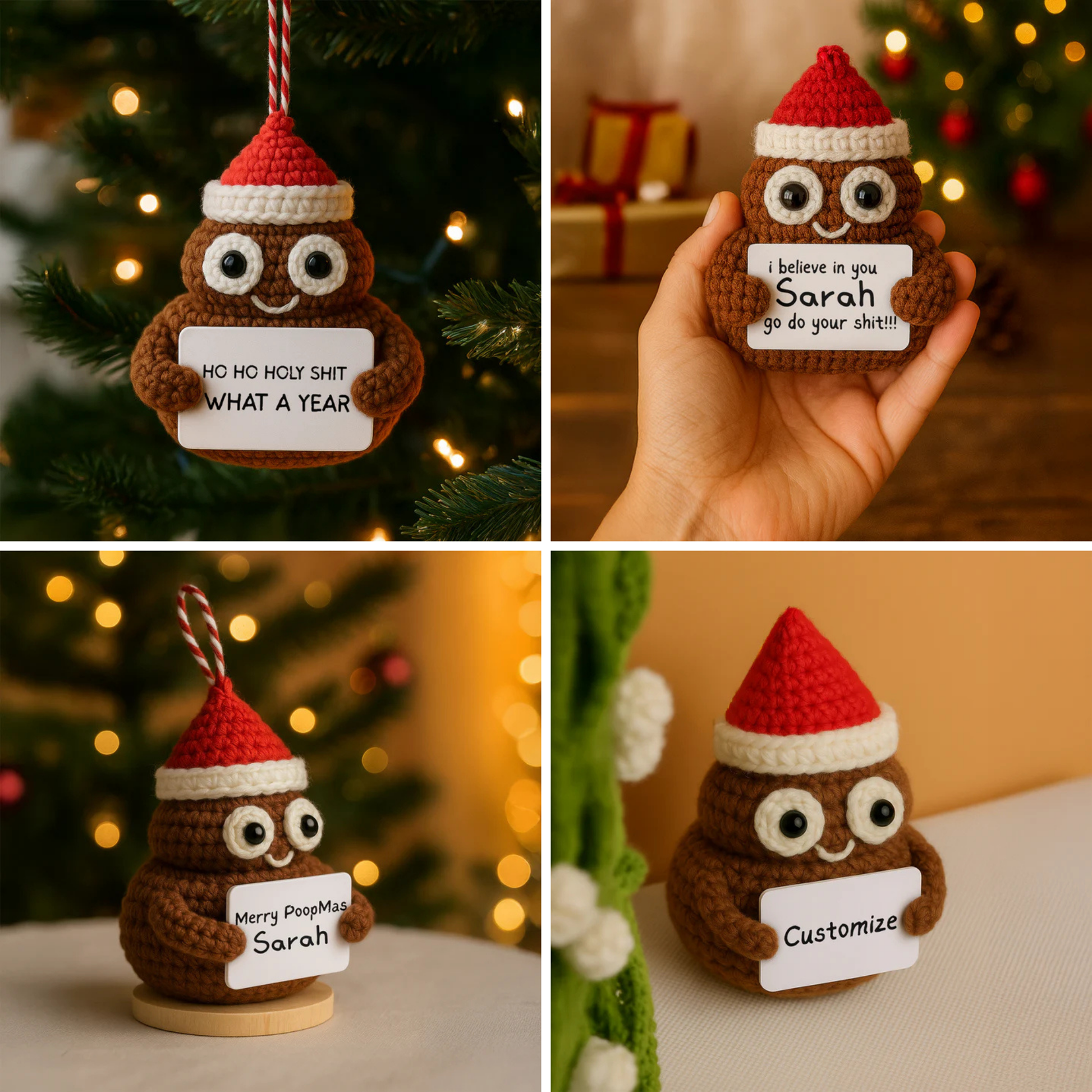 Four views of a Christmas-themed ornament with text and a red hat, set against a festive background.