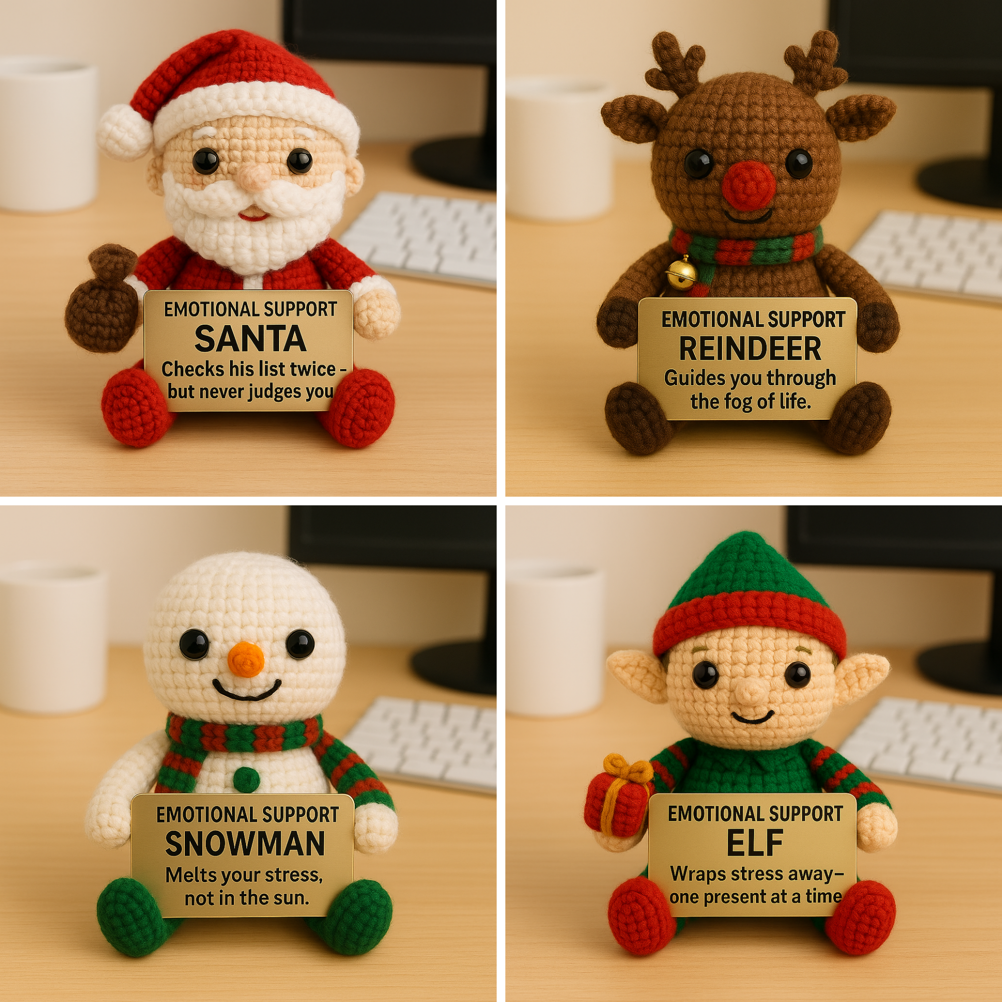 Four crochet emotional support animals with signs on a desk.