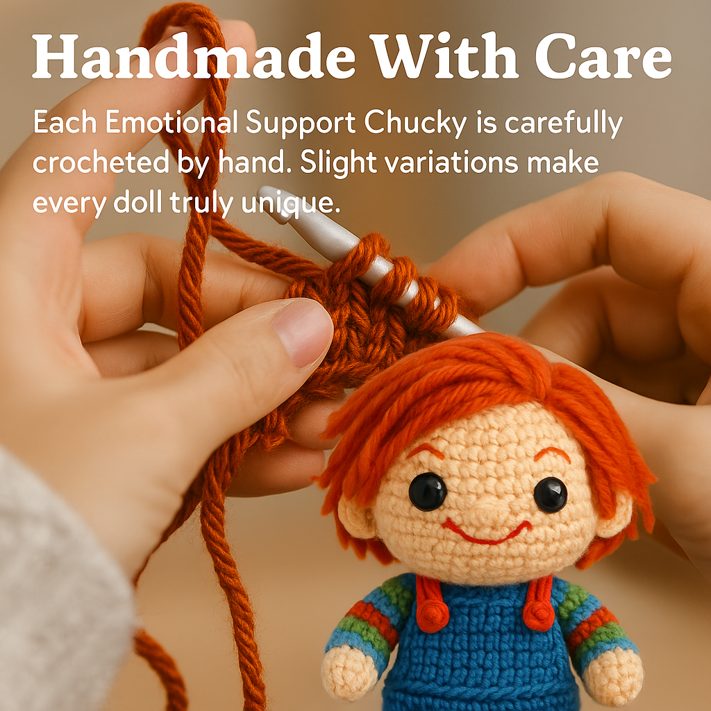 Handmade crochet doll with text about care and uniqueness