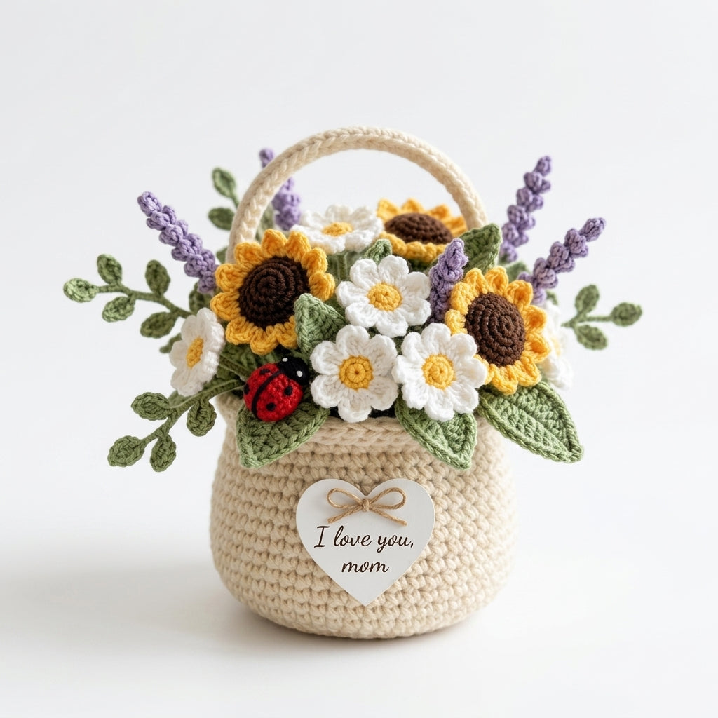Crocheted basket with floral arrangement and 'I love you, mom' tag on a white background
