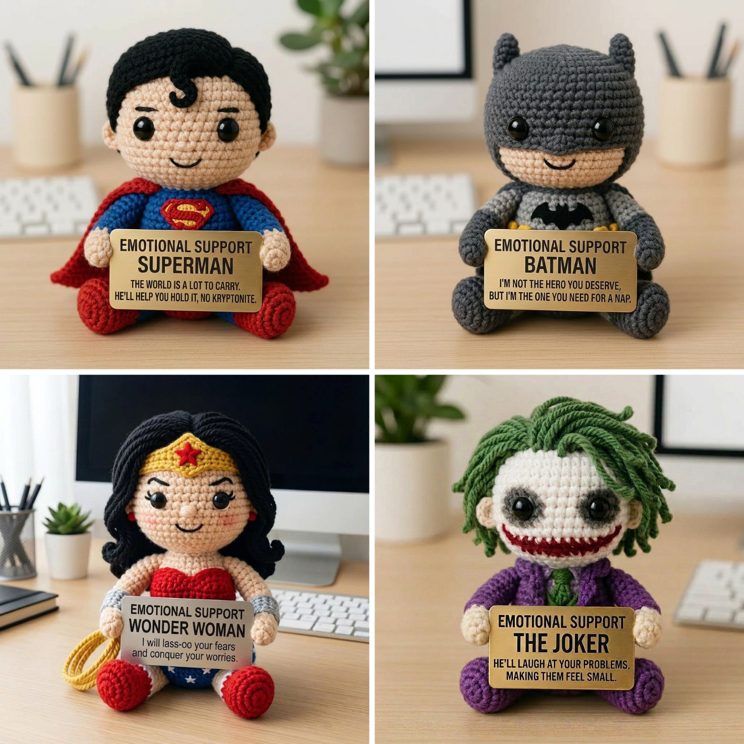 Set 4 of Emotional Support DC Crochet Dolls