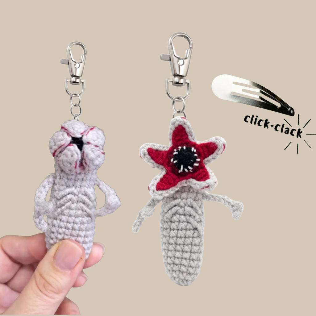 Crochet Demogorgon Fidget Keychain, Stranger Things Inspired Clicking Toy with Hidden Hair Clip