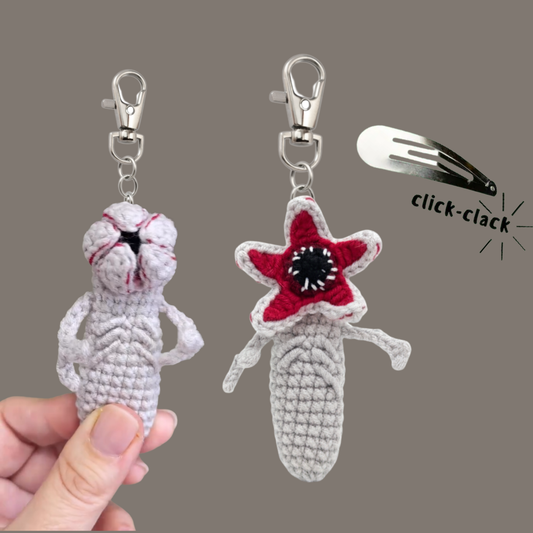 Crochet Demogorgon Fidget Keychain, Stranger Things Inspired Clicking Toy with Hidden Hair Clip