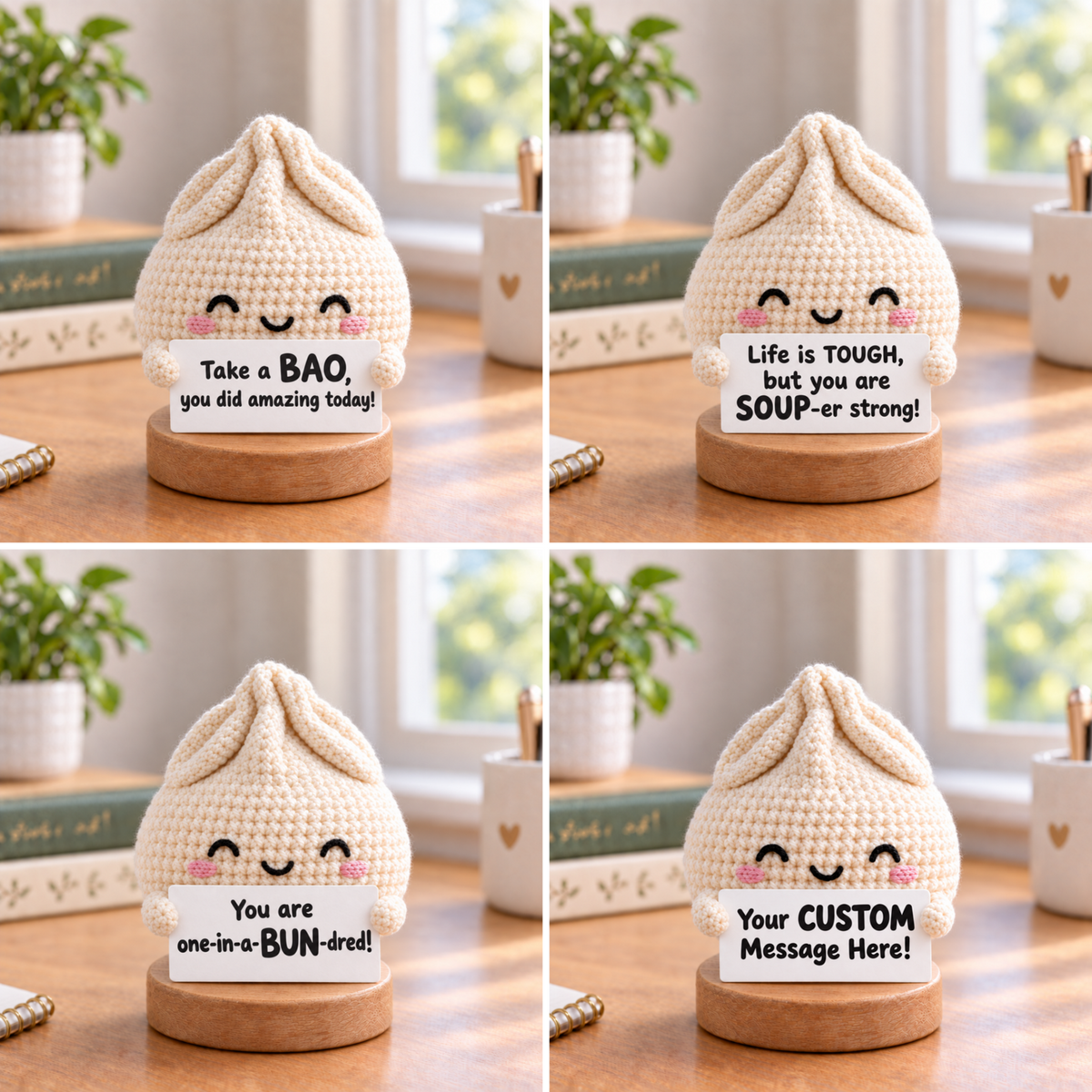 Emotional Support Dumpling Crochet Doll – Handmade Bao Bun Amigurumi with Positive Message Card