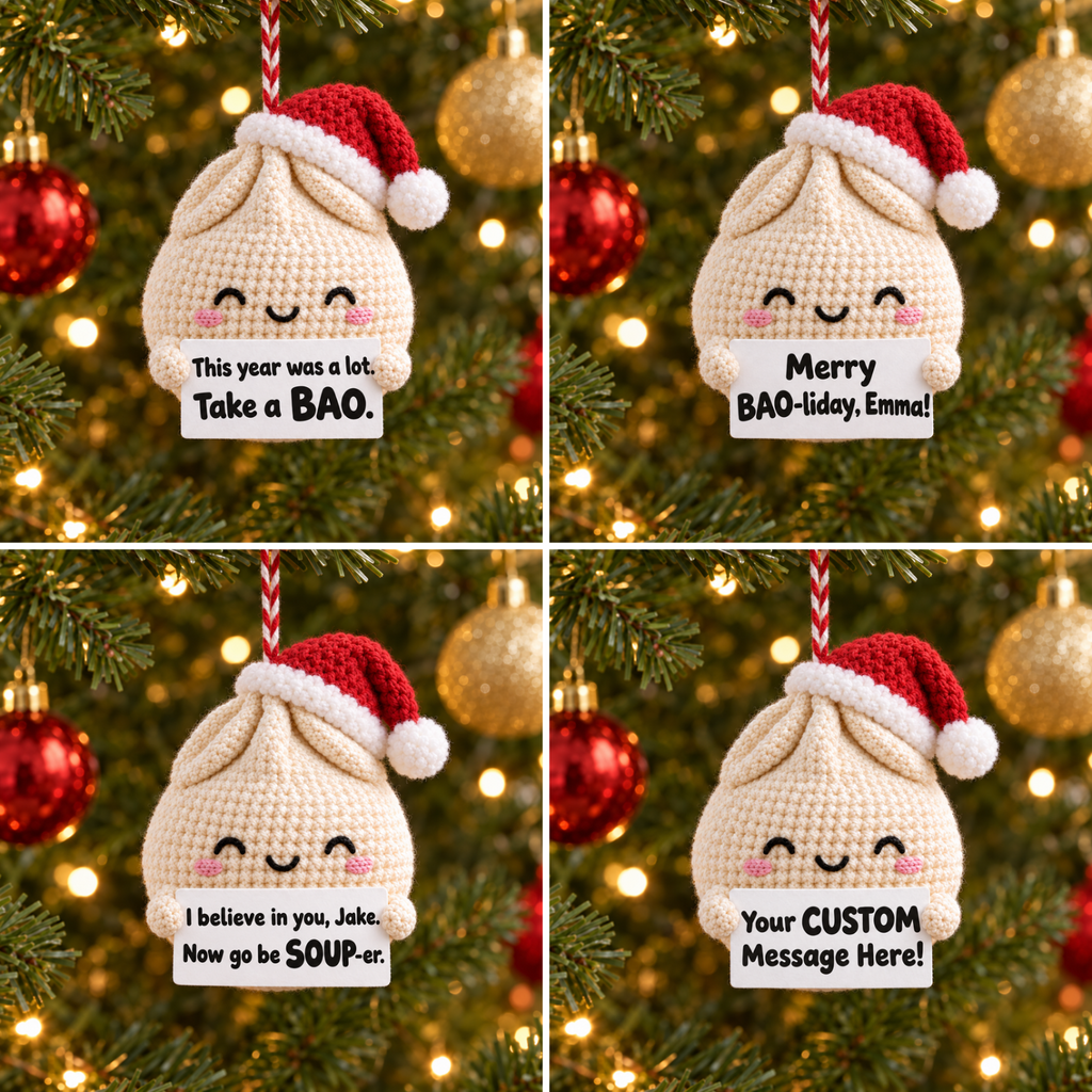 Funny Christmas Dumpling Ornament – Handmade Crochet Bao Santa Hat Ornament with Message Card
