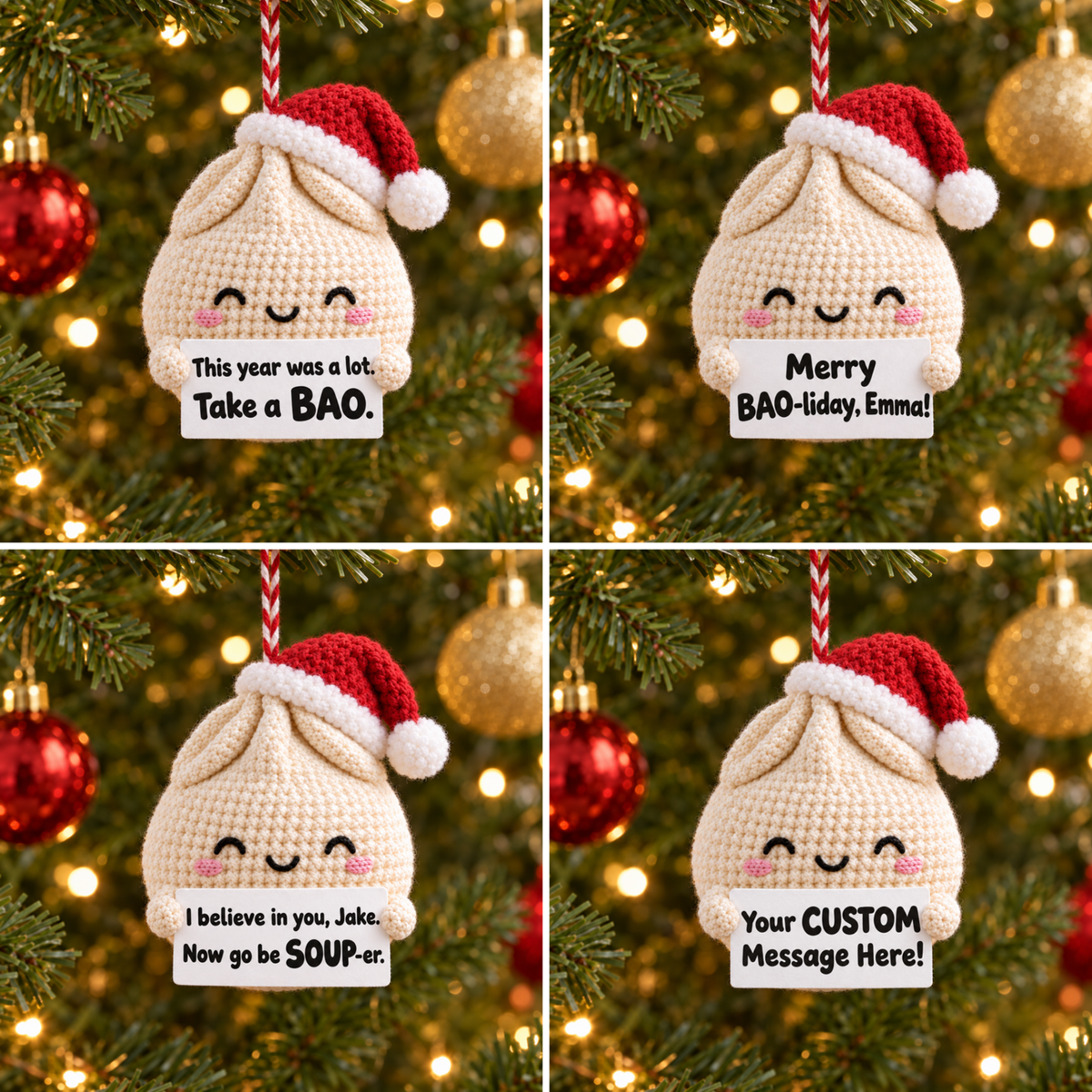 Funny Christmas Dumpling Ornament – Handmade Crochet Bao Santa Hat Ornament with Message Card