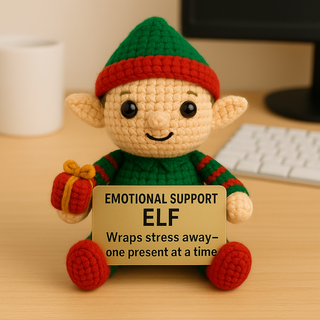 Crocheted elf holding a sign on a desk