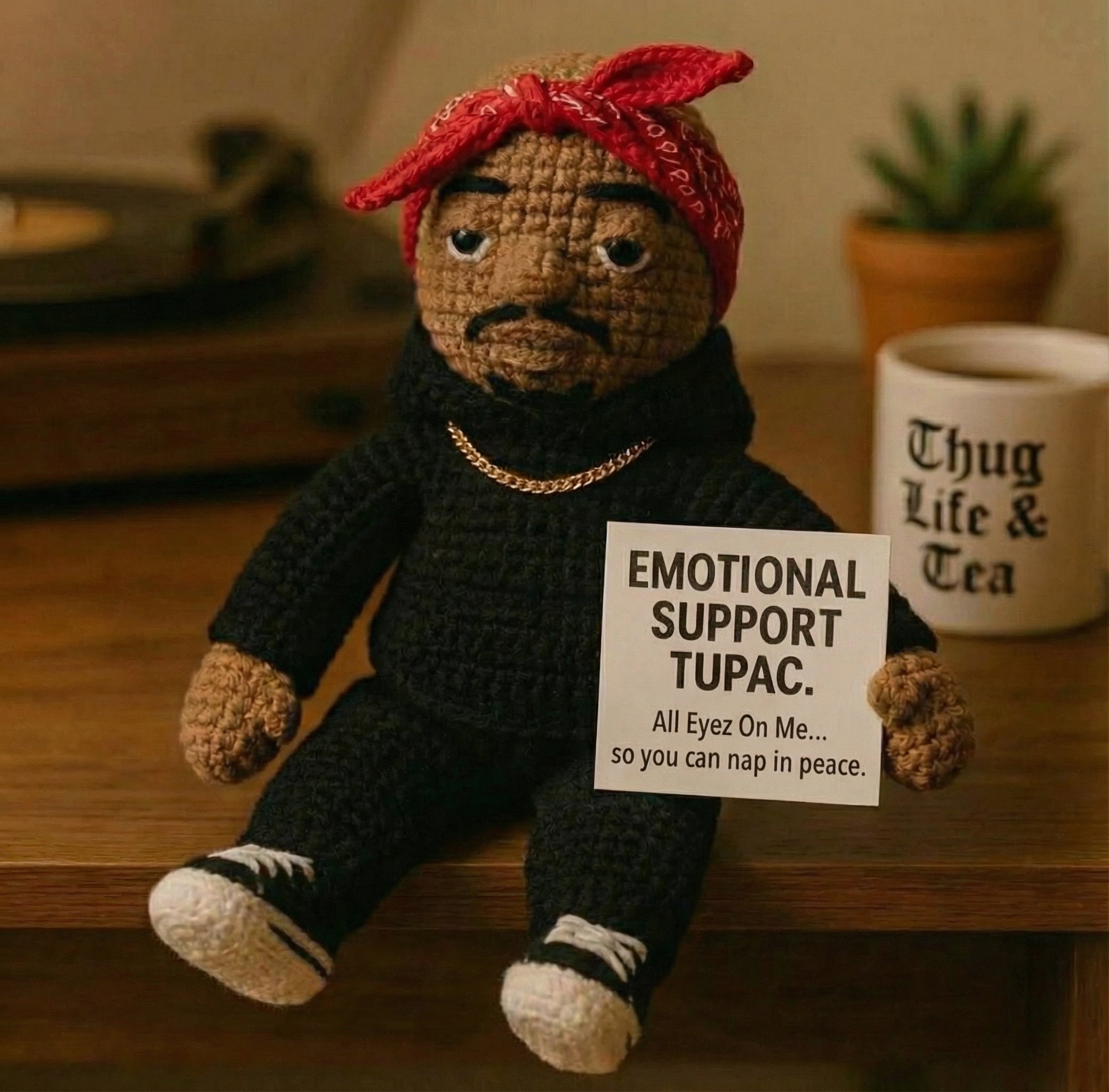 Emotional Support Tupac Crochet Doll, Funny Hip-Hop Amigurumi Plush Gift for Stress Relief & Home Decor