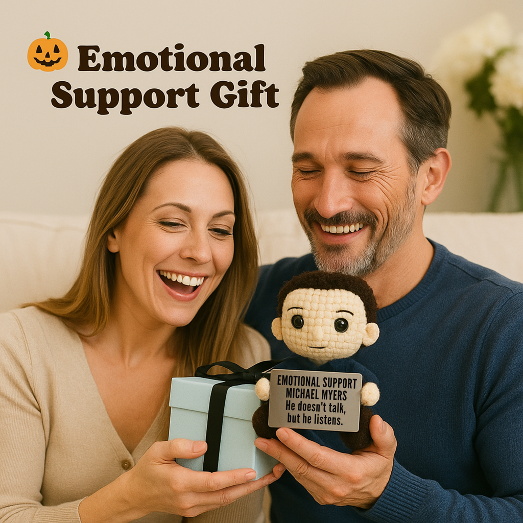 Man and woman holding a gift and a plush toy with 'Emotional Support' text, with a Halloween-themed text overlay.