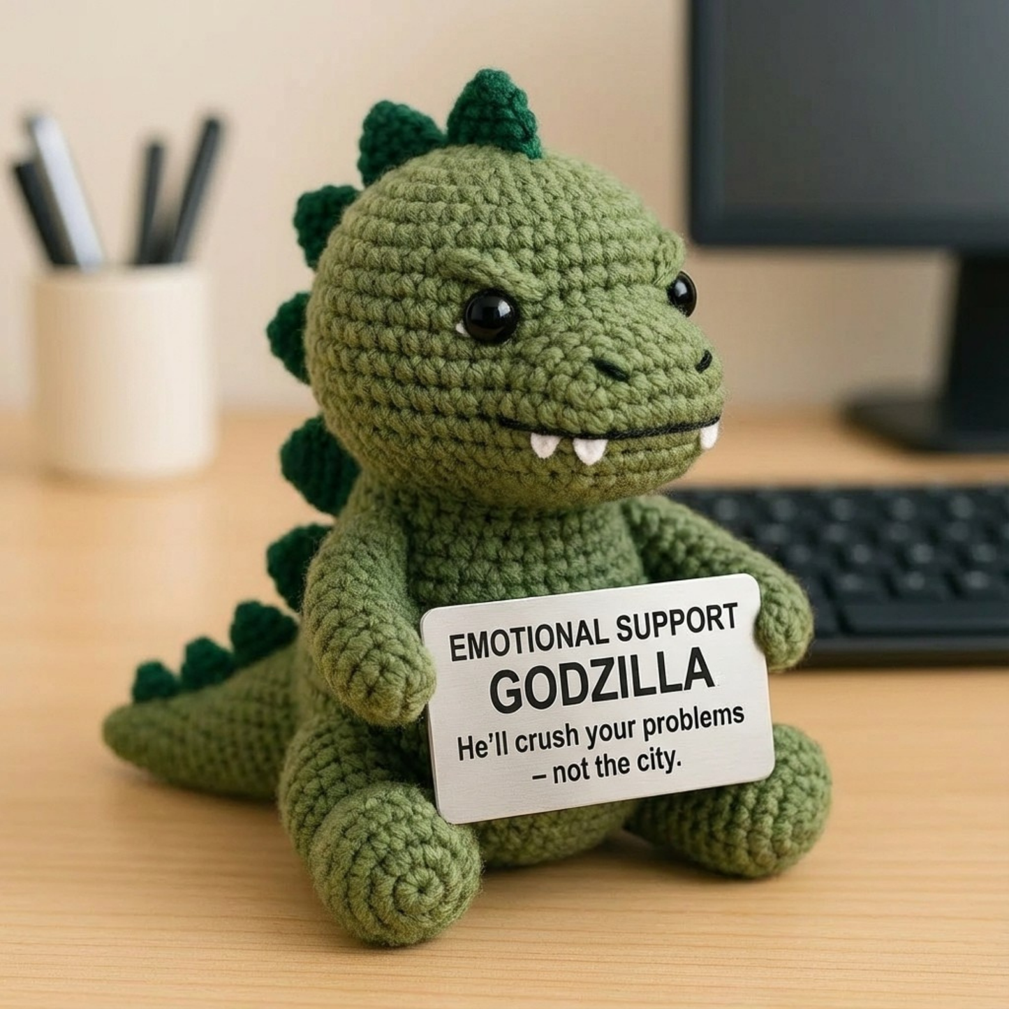 Crocheted Godzilla plush toy with an 'Emotional Support Godzilla' sign on a desk.