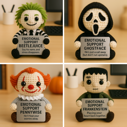 Emotional Support Horror Crochet Dolls – Mini Squad 4-Pack (Beetlejuice, Ghostface, Pennywise, Frankenstein)