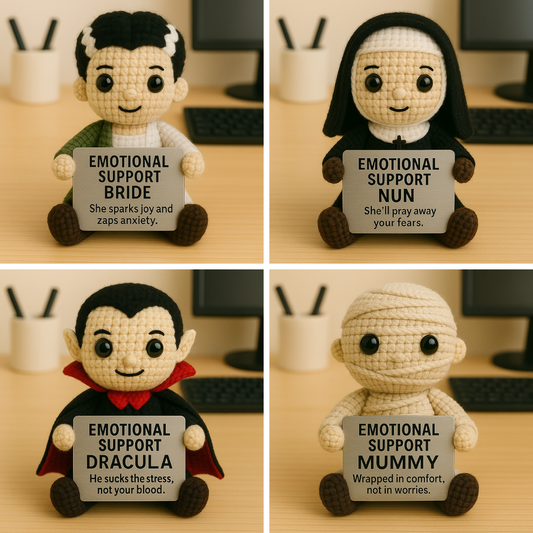 Emotional Support Horror Crochet Dolls – Mini Squad 4-Pack (Bride, Nun, Dracula, Mummy)