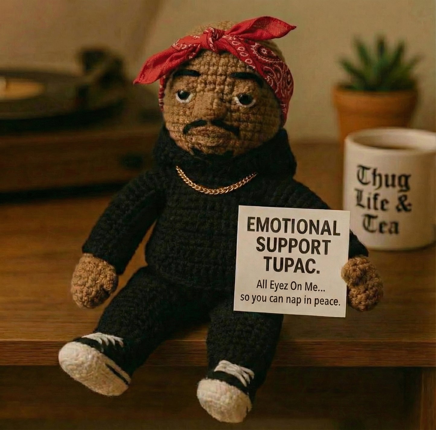 Emotional Support Tupac Crochet Doll, Funny Hip-Hop Amigurumi Plush Gift for Stress Relief & Home Decor