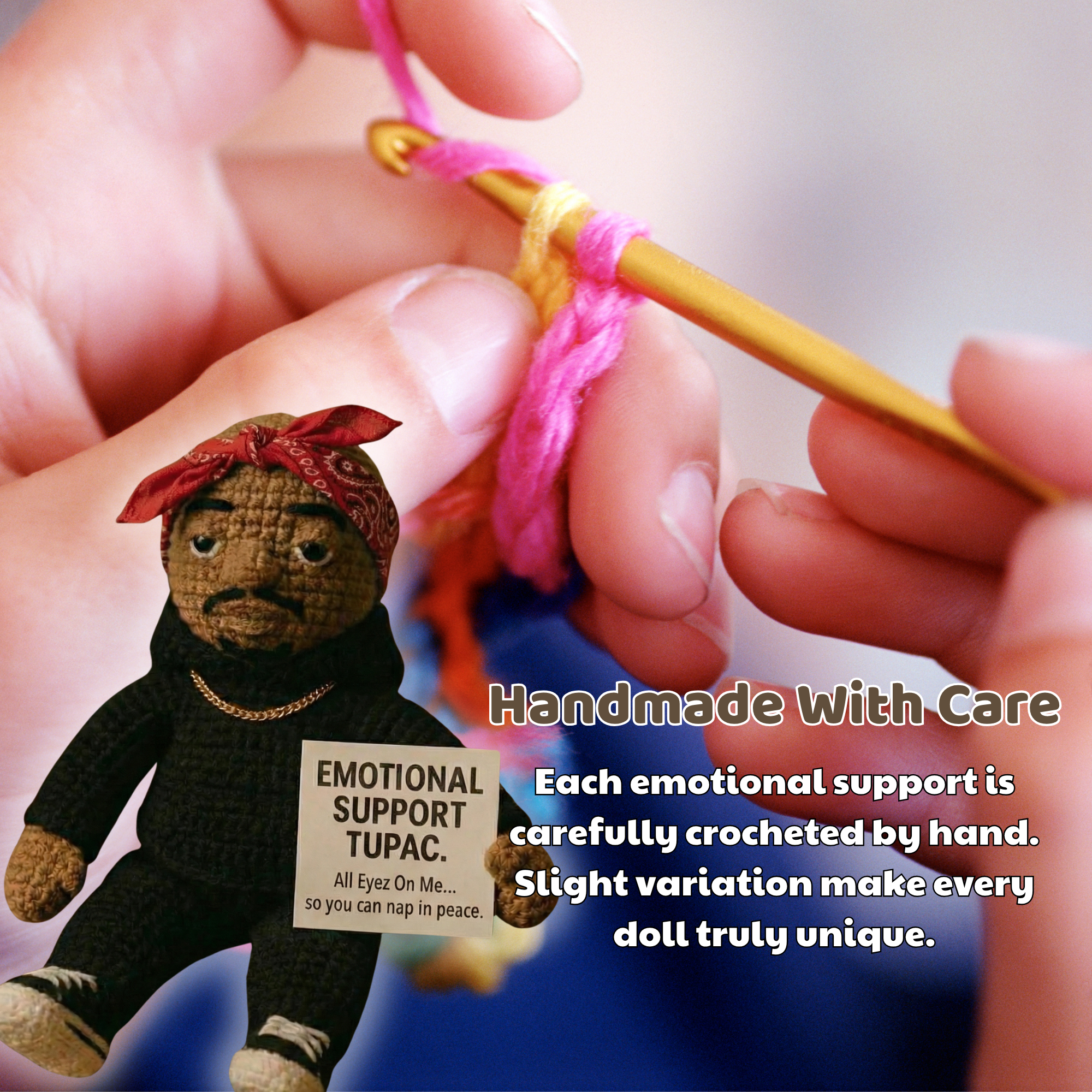 Emotional Support Tupac Crochet Doll, Funny Hip-Hop Amigurumi Plush Gift for Stress Relief & Home Decor