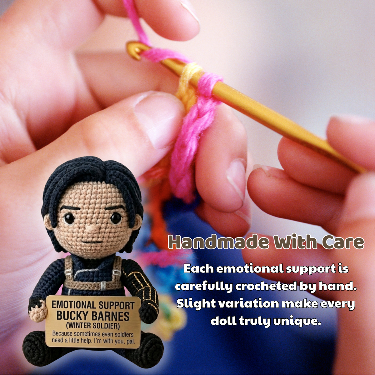 Emotional Support Bucky Barnes Crochet Doll with Wakanda Vibranium Arm