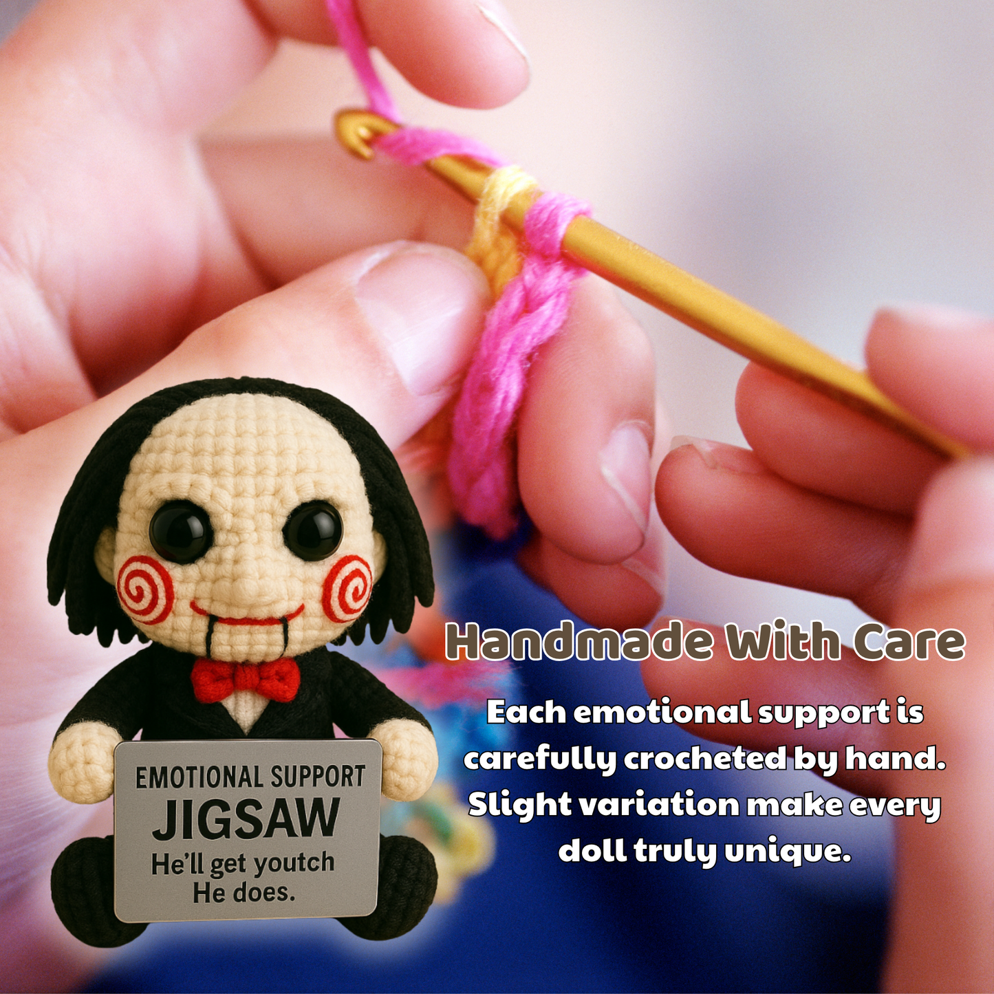 Emotional Support Jigsaw Crochet Doll, Creepy Cute Horror Plush Gift