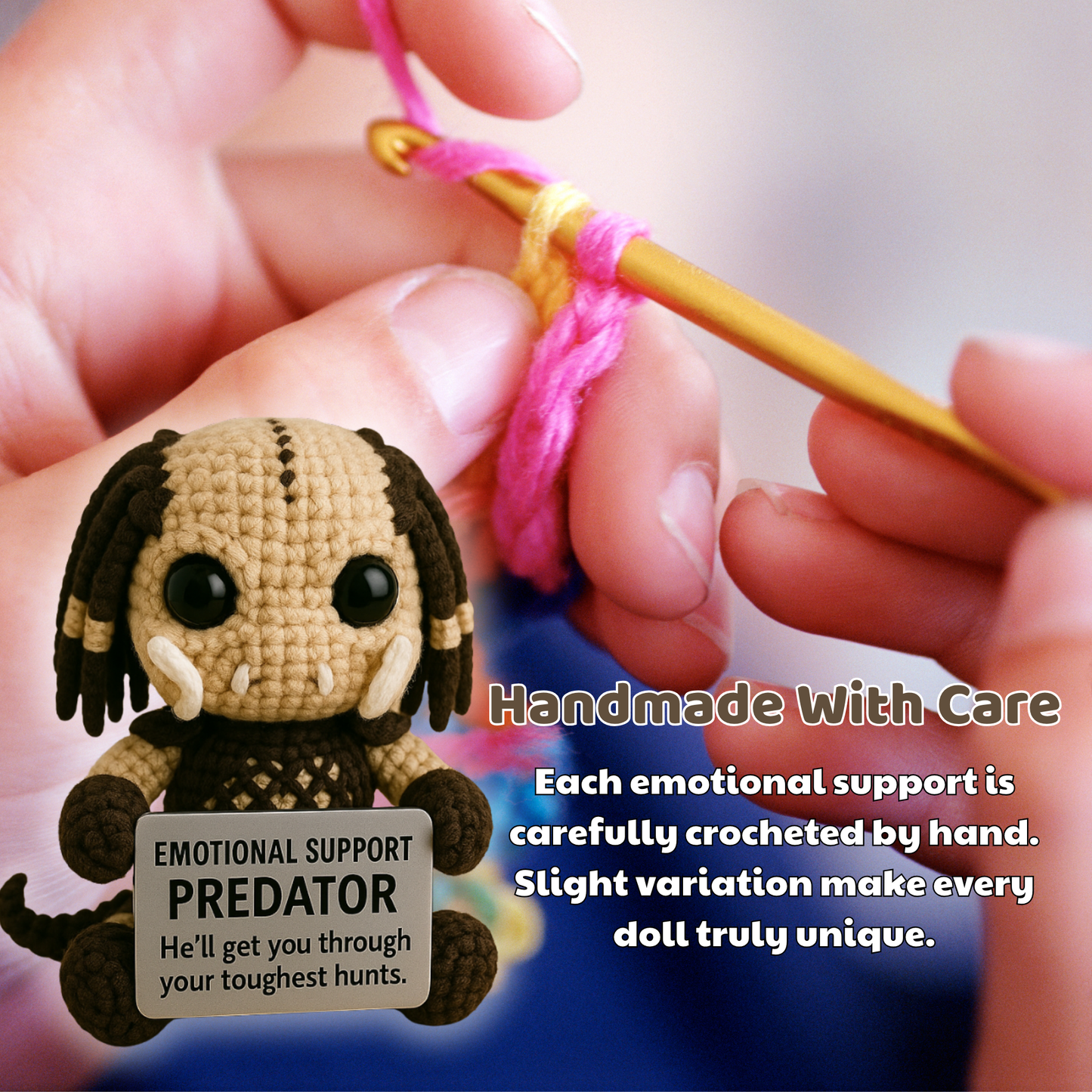 Emotional Support Predator, Handmade Crochet Alien Hunter Plush Doll