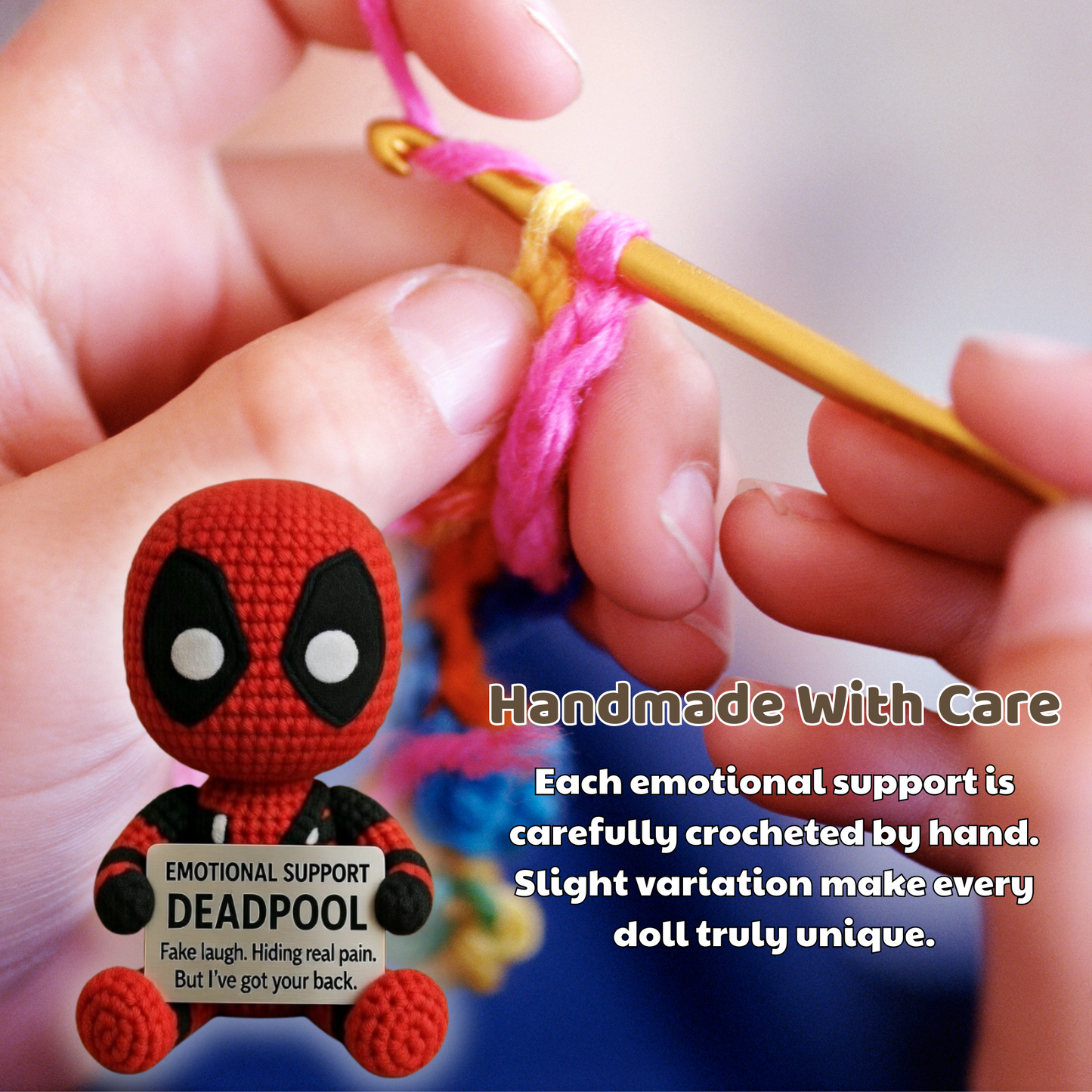 Emotional Support Deadpool Crochet Doll - Fake Laugh, Real Comfort