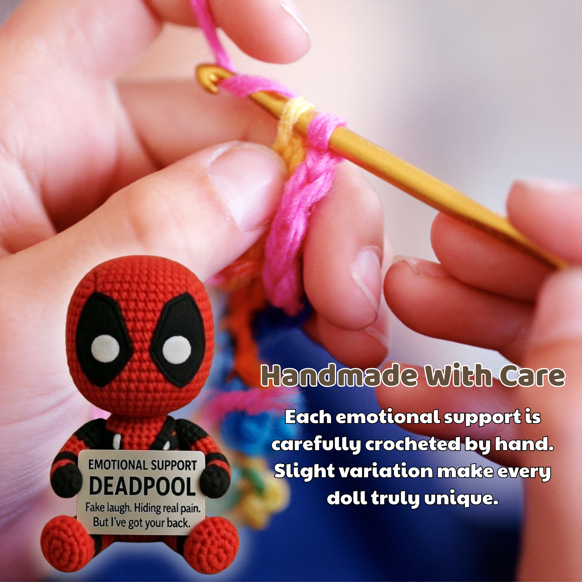 Emotional Support Deadpool Crochet Doll - Fake Laugh, Real Comfort