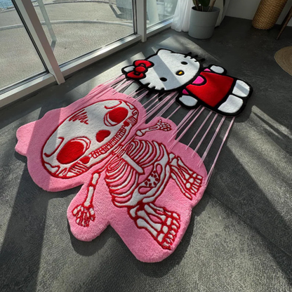 Interactive Pull-to-Reveal Hello Kitty Rug, Cute to Skeleton Surprise, Handmade Tufted Custom Carpet