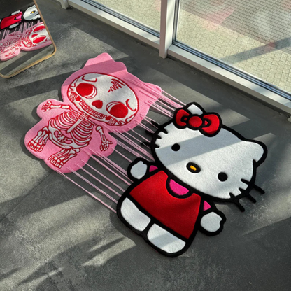 Interactive Pull-to-Reveal Hello Kitty Rug, Cute to Skeleton Surprise, Handmade Tufted Custom Carpet