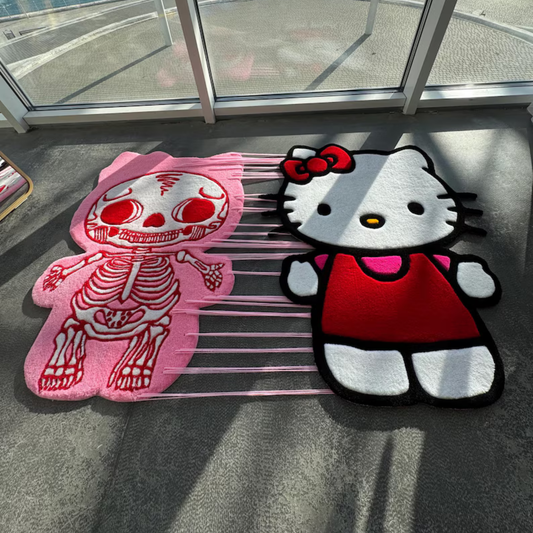 Interactive Pull-to-Reveal Hello Kitty Rug, Cute to Skeleton Surprise, Handmade Tufted Custom Carpet
