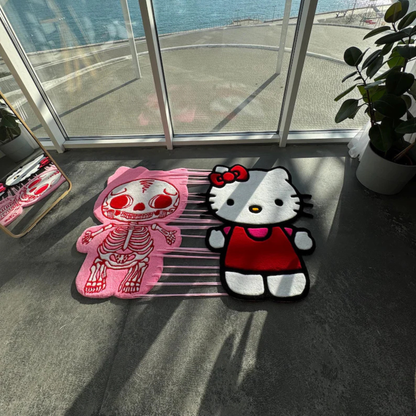 Interactive Pull-to-Reveal Hello Kitty Rug, Cute to Skeleton Surprise, Handmade Tufted Custom Carpet