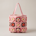 Pink granny square crochet flower tote bag - studio hero shot