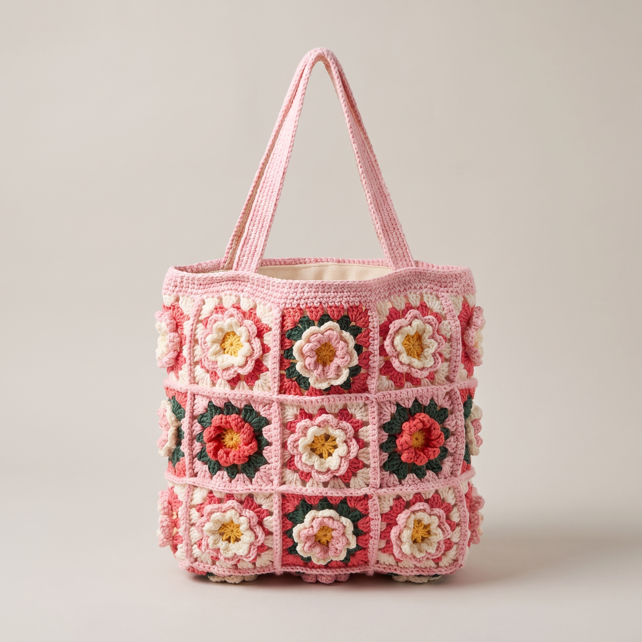 Pink granny square crochet flower tote bag - studio hero shot