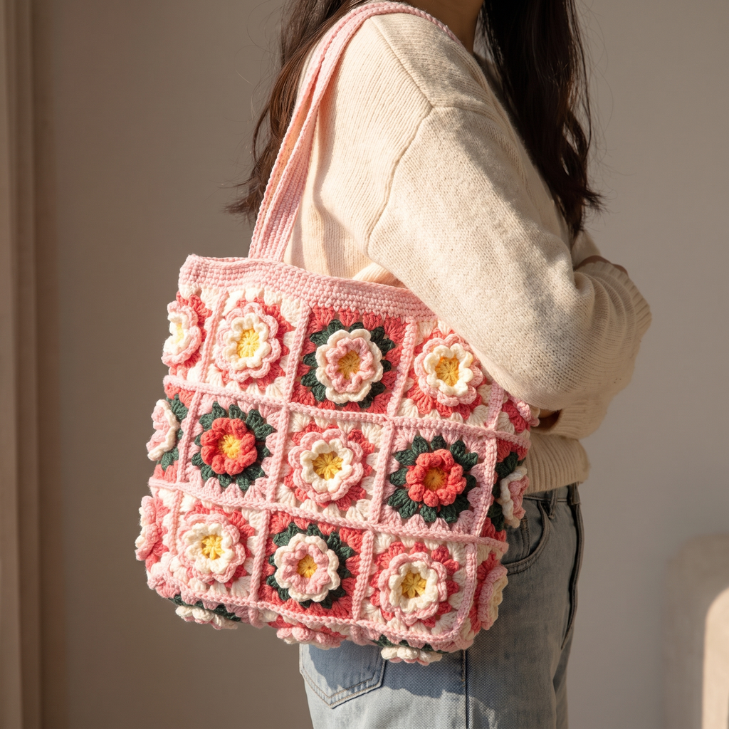 Pink granny square crochet flower tote bag - carried over the shoulder