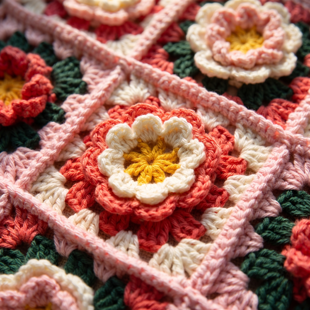 Pink granny square crochet flower tote bag - macro stitch and 3D flower detail