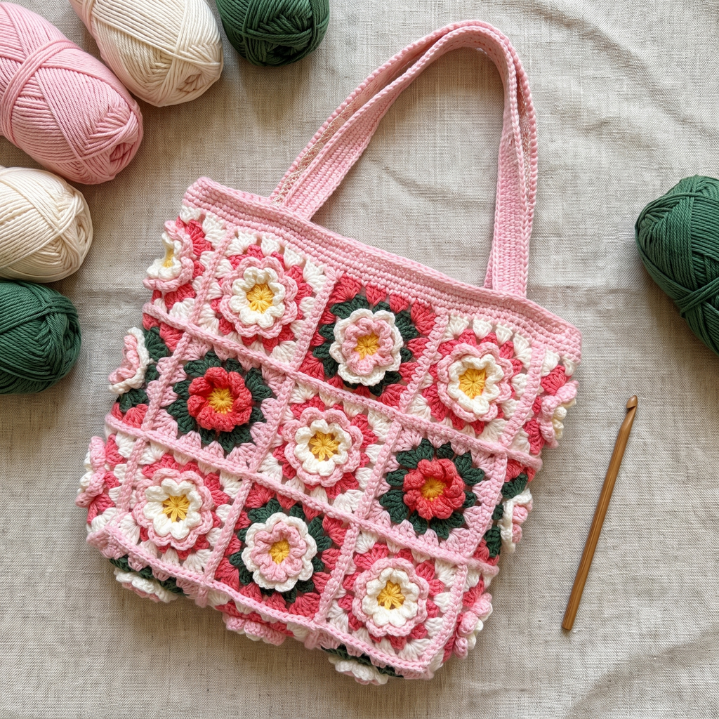 Pink granny square crochet flower tote bag - handmade flat lay with yarn and crochet hook