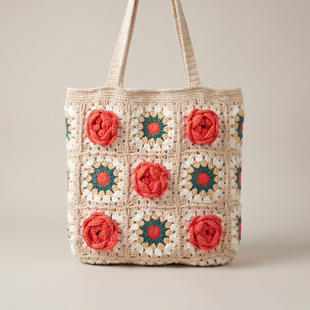 Cream crochet red rose granny square tote bag - studio hero shot