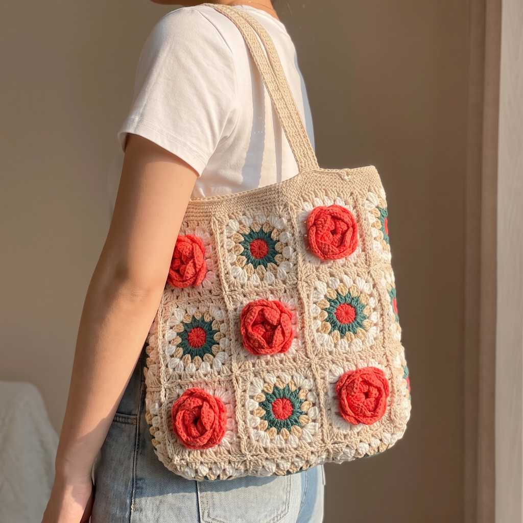 Cream crochet red rose granny square tote bag - carried over the shoulder