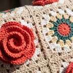 Cream crochet red rose granny square tote bag - macro 3D rose and stitch detail