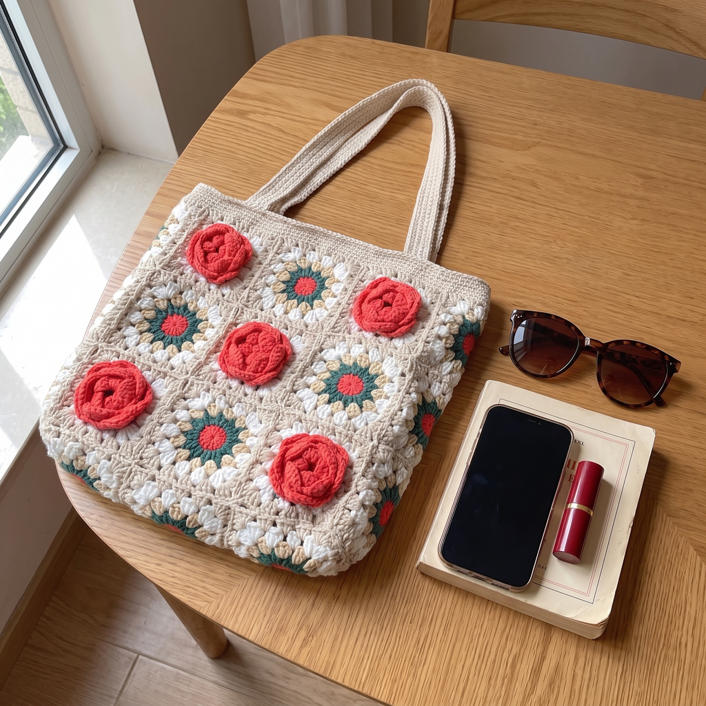 Cream crochet red rose granny square tote bag - size reference with phone, sunglasses and book