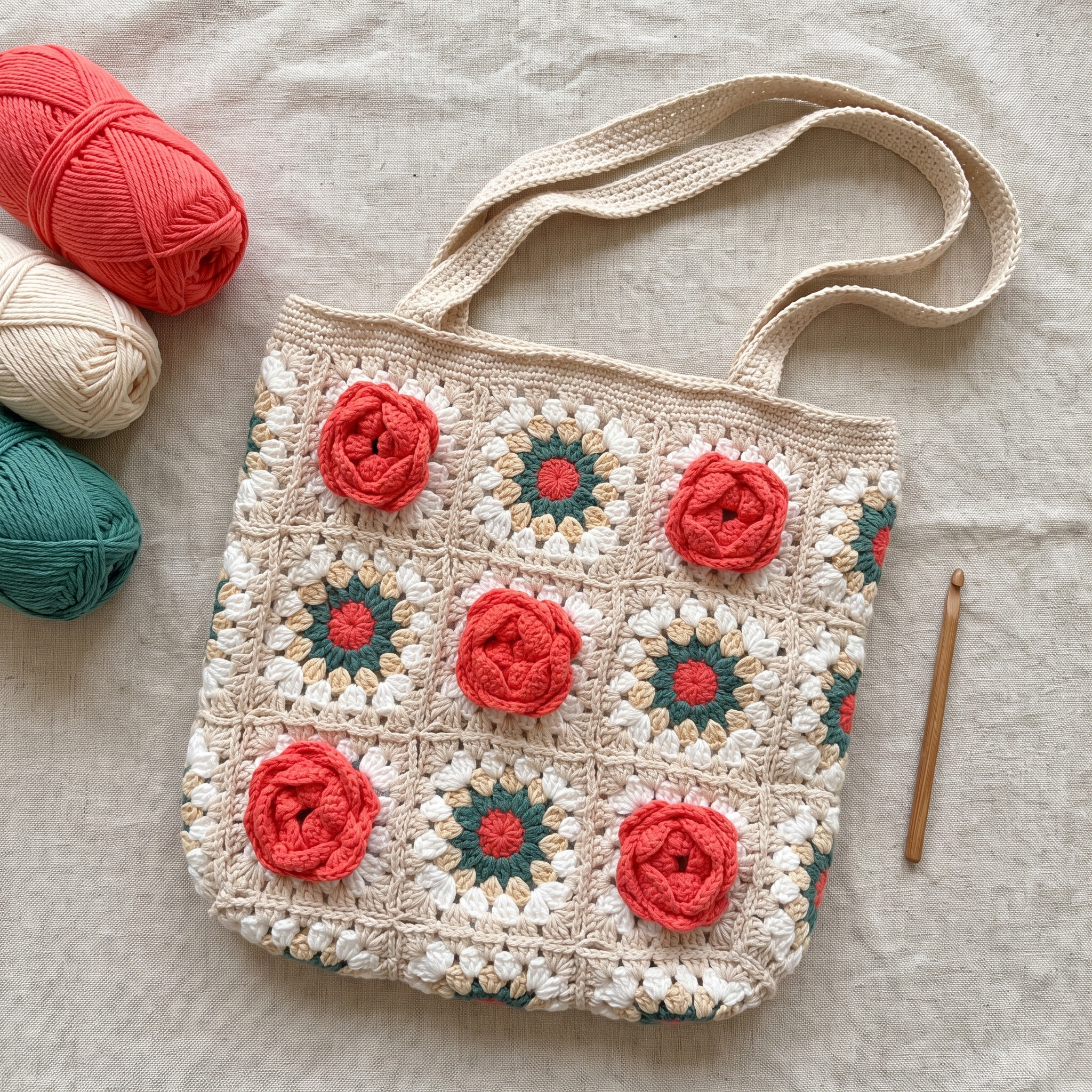 Cream crochet red rose granny square tote bag - handmade flat lay with yarn and crochet hook