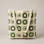 Ivory crochet green daisy granny square tote bag - studio hero shot