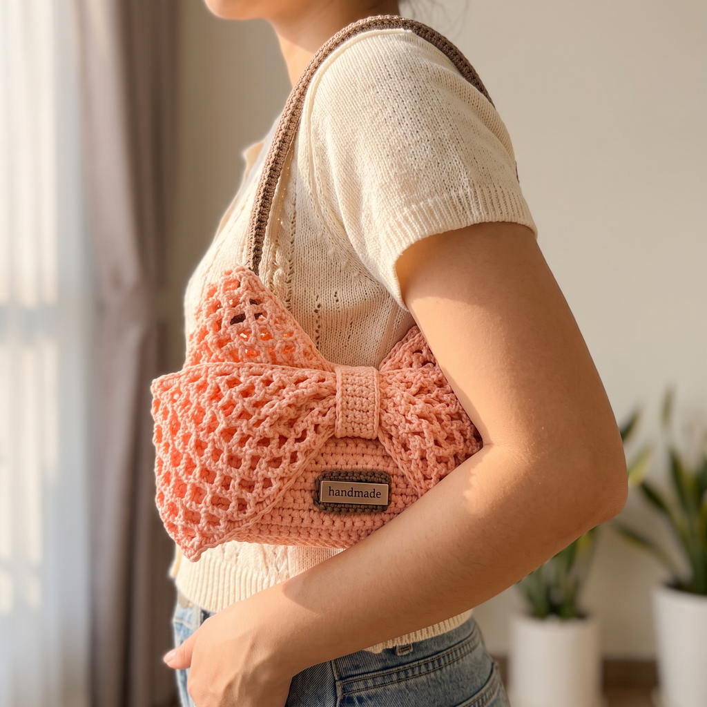 Pink crochet bow mesh shoulder bag - carried under the arm