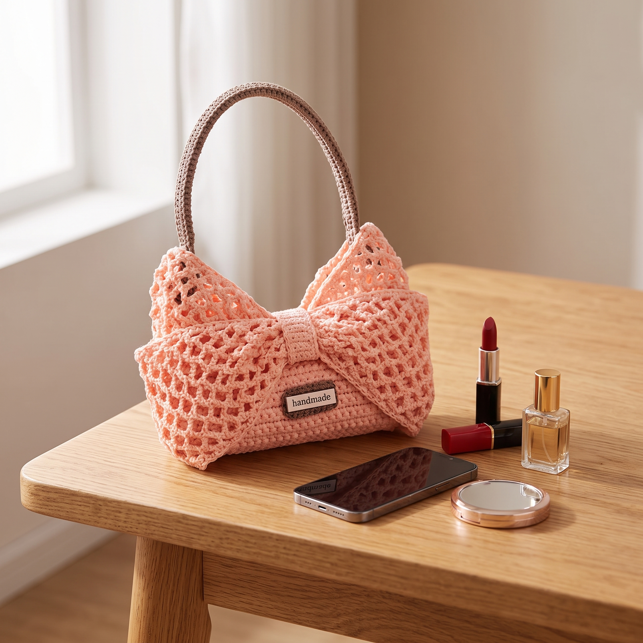 Pink crochet bow mesh shoulder bag - size reference with phone and lipstick