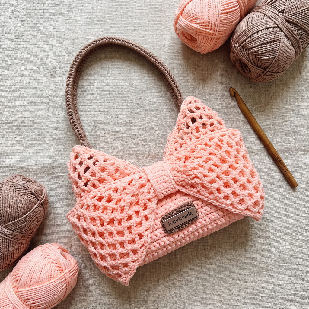 Pink crochet bow mesh shoulder bag - handmade flat lay with yarn and crochet hook
