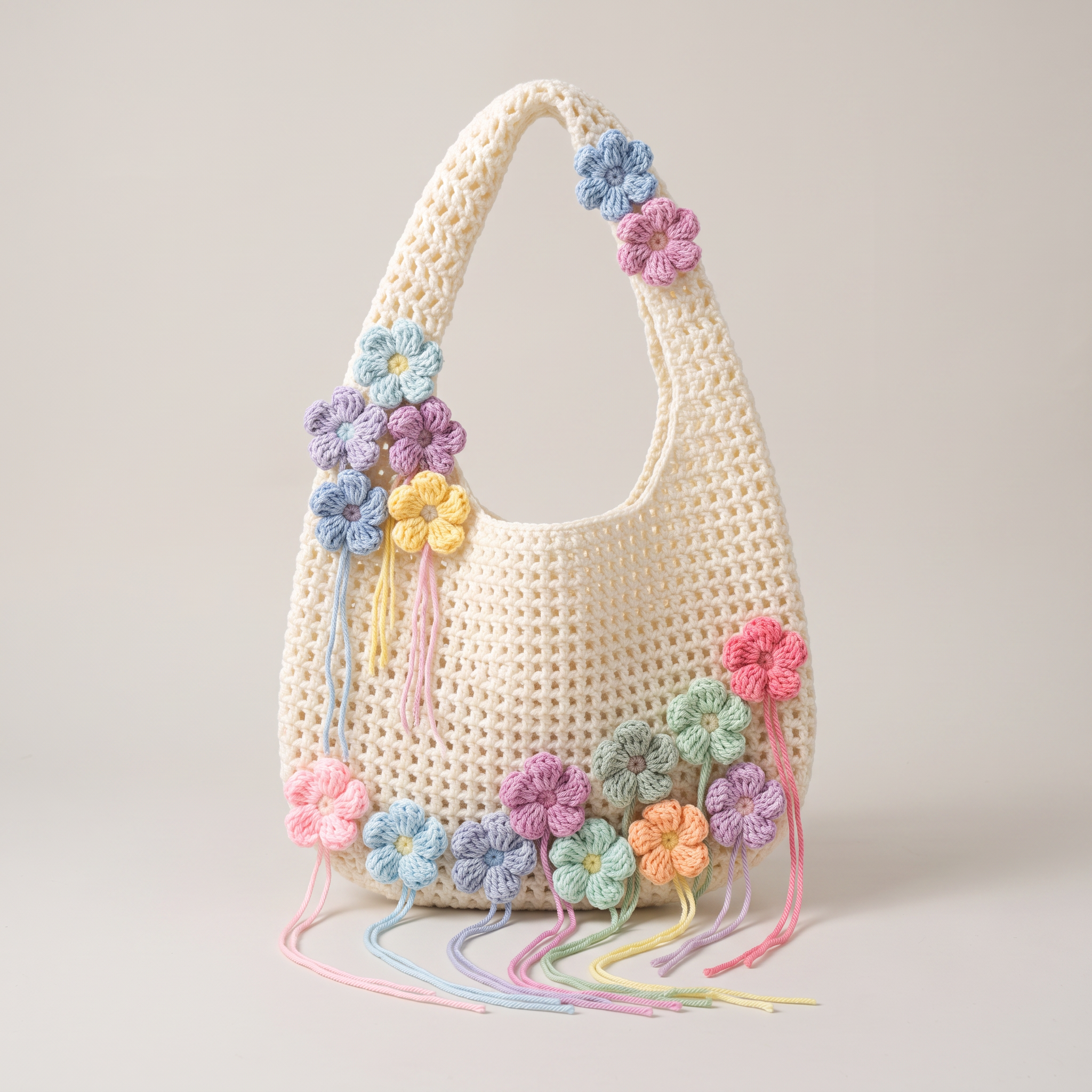 Ivory crochet pastel flower mesh tote bag - studio hero shot