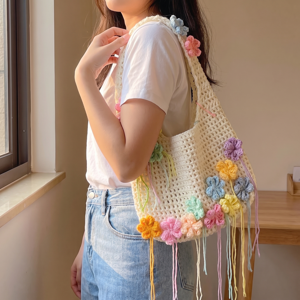 Ivory crochet pastel flower mesh tote bag - carried over the shoulder