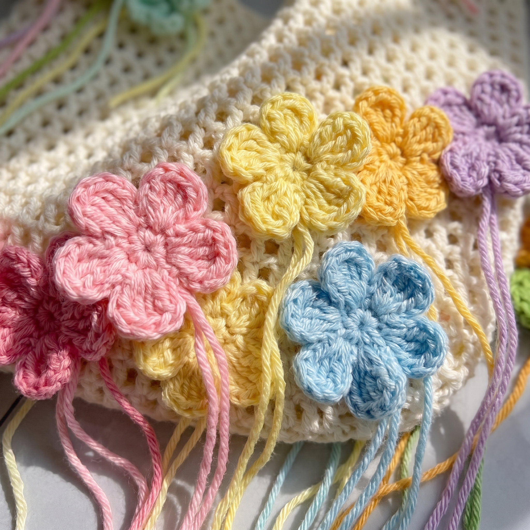 Ivory crochet pastel flower mesh tote bag - macro puff flower and trailing yarn tail detail