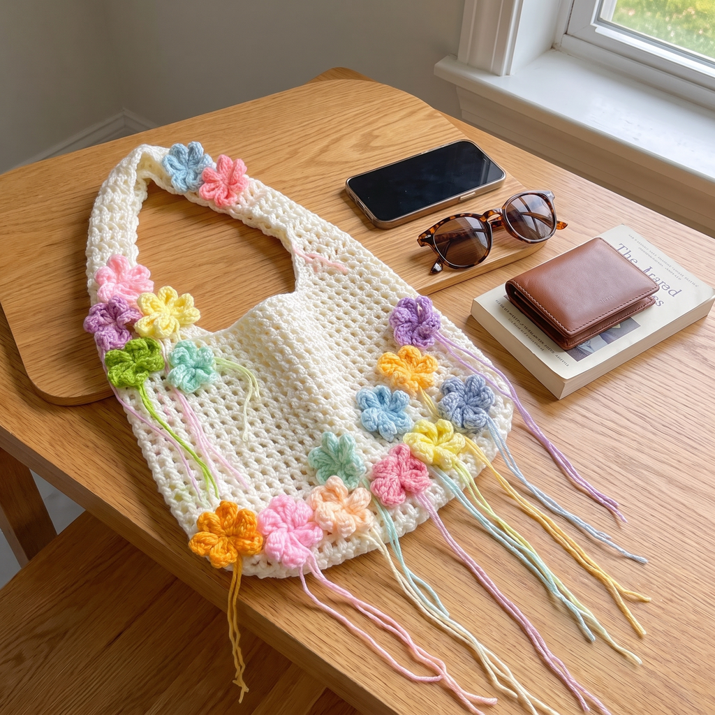 Ivory crochet pastel flower mesh tote bag - size reference with phone, sunglasses and book