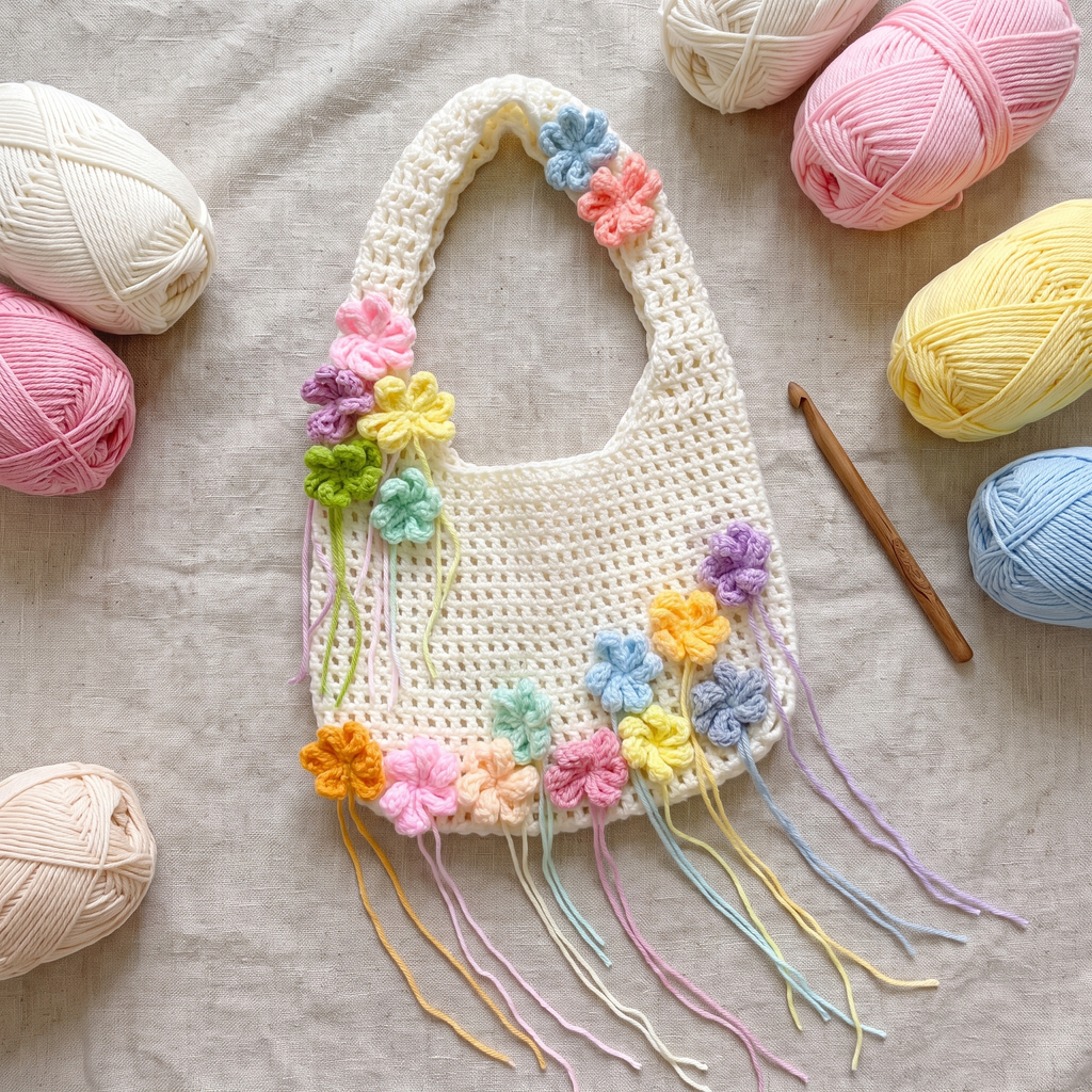 Ivory crochet pastel flower mesh tote bag - handmade flat lay with yarn and crochet hook