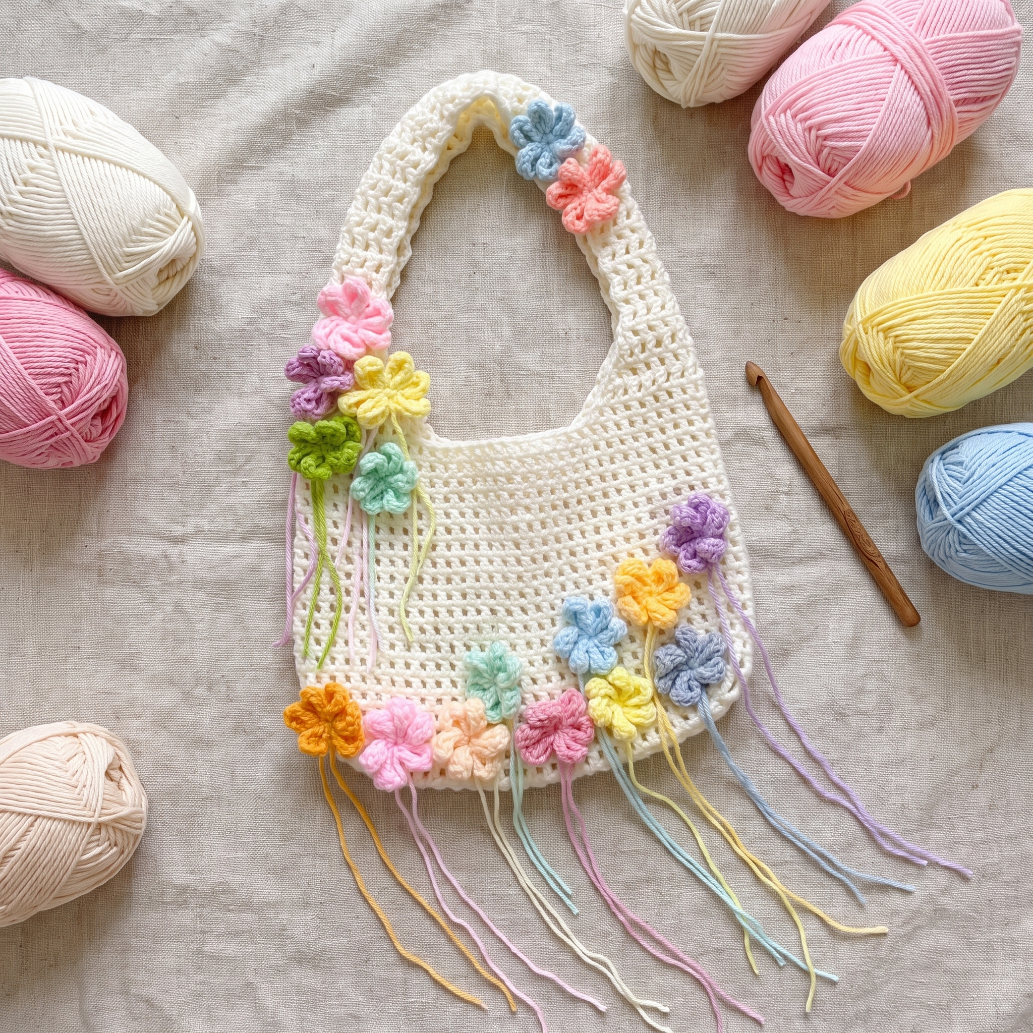 Ivory crochet pastel flower mesh tote bag - handmade flat lay with yarn and crochet hook