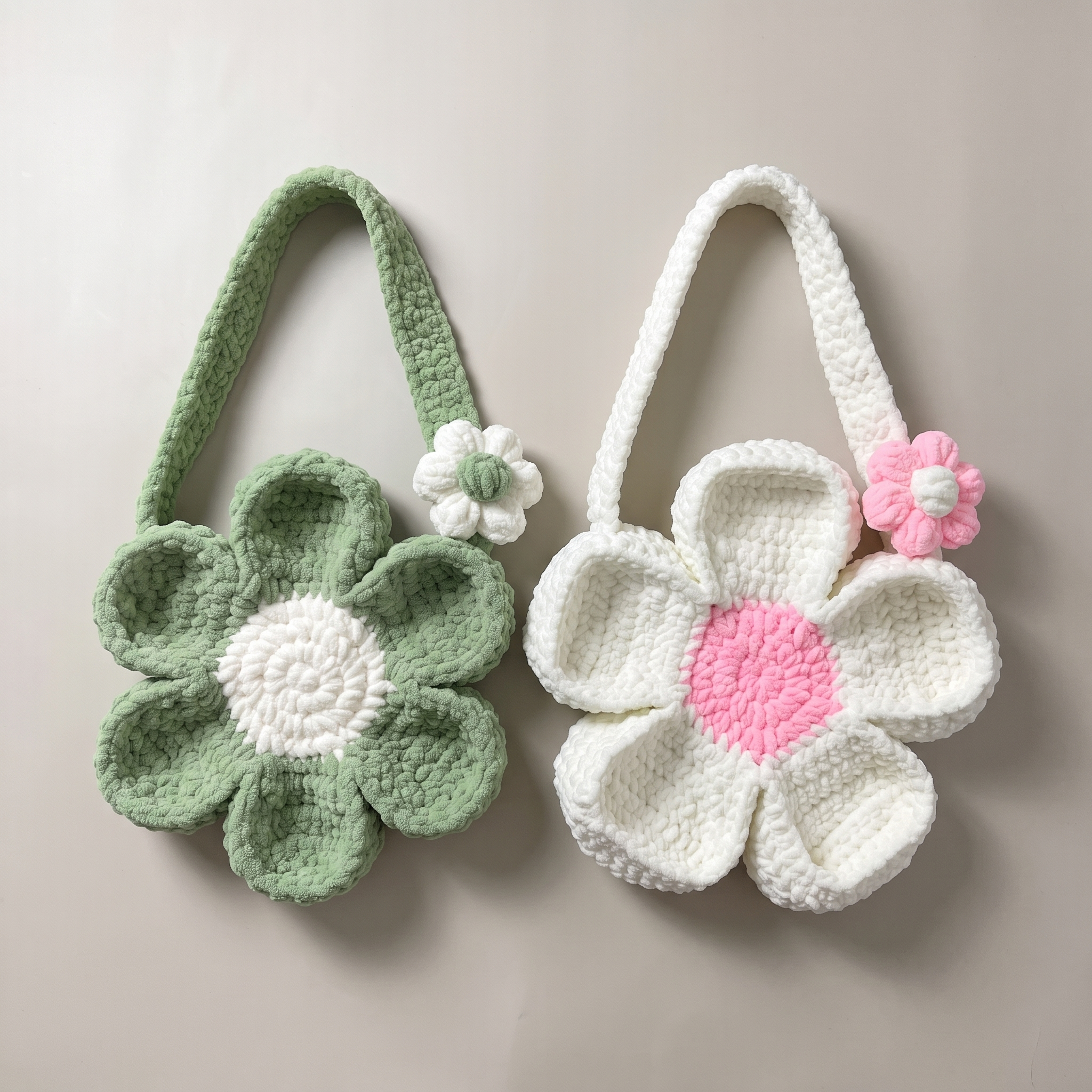 Chenille flower shaped shoulder bag - both colorways studio hero shot