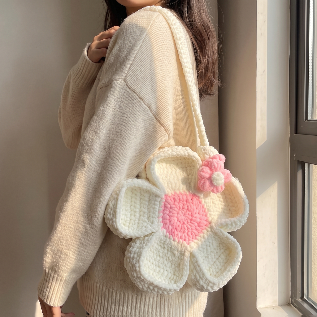 Chenille flower shaped shoulder bag - white and pink carried over the shoulder