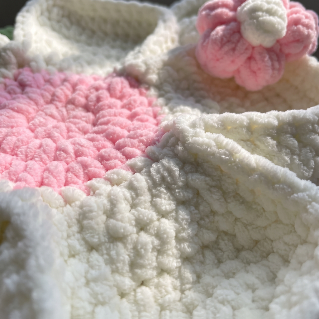 Chenille flower shaped shoulder bag - macro plush chenille texture detail